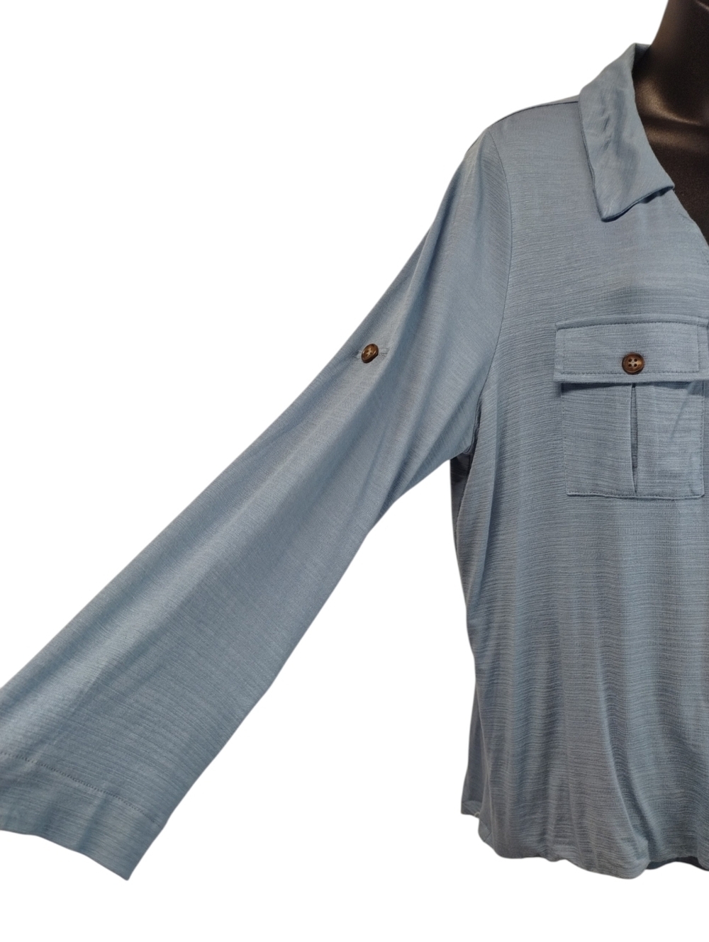 Lara Fashion 1XL Blue Wrap Front Long Sleeve Collared Shirt Blouse Dual Pockets - Picture 4 of 8